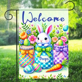 BlissYard Happy Easter Garden Flag 12x18 Inch Double Sided Floral Mason Jar Small Decorative Garden Flag Flower Easter Spring Bunny Yard Lawn Outside Decor Spring Outdoor Home Decoration Banner
