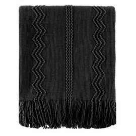 Battilo Black Throw Blanket with Fringe, Bed Throws for Home Decor, Decorative Black Knit Throw for Couch Sofa, 127x152cm