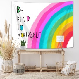 Moyrisou Positive Inspirational Quote Wall Tapestry Motivational Positive Self Care Wall Art Mental Health Boho Preppy Watercolor Rainbow Style Tapestry Counseling Therapy Office Decor 60X40IN