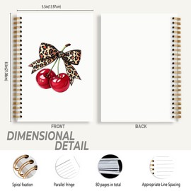 Foritho Coquette Leopard Bow Cherry Notebook, Trendy Preppy Cherry Journal, Funky Cheetah Print Bow Journal, Aesthetic Girly Office Supplies, Cherries Spiral Notebooks 5.5x8.3 Inch