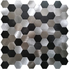 6-Pack 12"x12" Hexagonal Aluminum Peel and Stick Tile Backsplash, Black, Grey and Brushed Metal