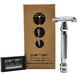 Parker 99R Razor, Long Handle, Heavy Type, Butterfly Open, Stainless Steel Double Edged, Set of 5