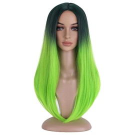 RightOn 20 Inches Ombre Green Wig Long Straight Green Hair for Cosplay Costume Party with Hairnet