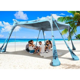 Wabolay Beach Tent Sun Shelter 10x10ft Beach Canopy Easy Pop Up Sun Shade Portable UPF50+ with 8 Sandbags-2 Sand Shovel-4 Aluminum Poles-Ground Pegs for Outdoor Family Camping Fishing Backyard Picnic