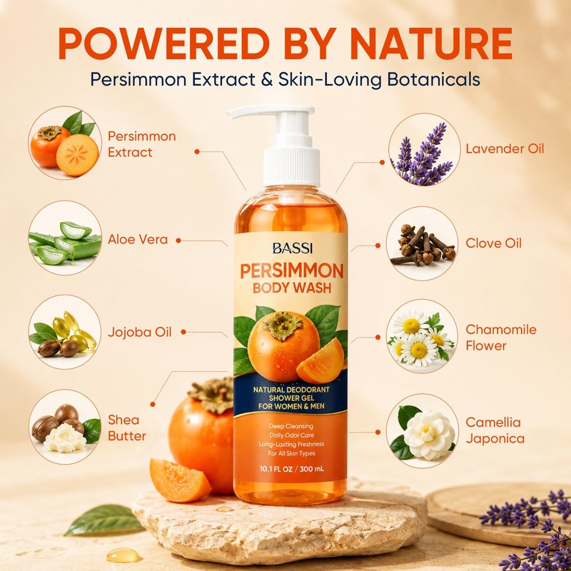 Persimmon Body Wash for Body Odor Control, Natural Deodorant Soap