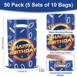 Ainuit 50 Pcs Happy Birthday Party Favor Bags Blue with Gold Ring Theme, Birthday Party Supplies - Double-Sided Print Goodie Bags