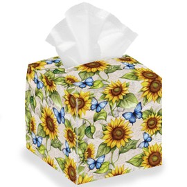 DELORIGIN Tissue Box Holder with Sunflowers Motif, Square Tissue Box with Butterflies, Foldable Tissue Box Holder for Bedroom, Bathroom, Car, Bedside Table