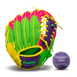Franklin Sports Kids Baseball Gloves - Meshtek Child's Tball Glove + Ball Set - Boys + Girls Teeball Mitt Set - Kids + Toddler Right Hand Throw - 9.5", Purple/Lime/Pink/Yellow