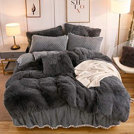 LIFEREVO Luxury Plush Shaggy Duvet Cover Set (1 Faux Fur Duvet Cover + 2 Pompoms Fringe Pillow Shams) Solid, Zipper Closure (King, Dark Gray)
