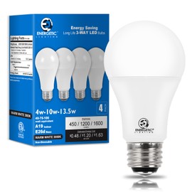 4-Pack 3 Way LED Light Bulbs 40 75 100W Equivalent, Warm White 3000K A19 3 Way Light Bulb, E26 Base, 4 10 13.5w, 450-1200-1600lm Three Way Light Bulbs for Reading, ETL Listed