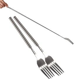 Agatige 2Pcs Extendable Fork, Telescopic Long Handle Cutlery Forks Stainless Steel Fruit Dessert Barbecue Toasting Fork for Eating Extends to 25 Inch