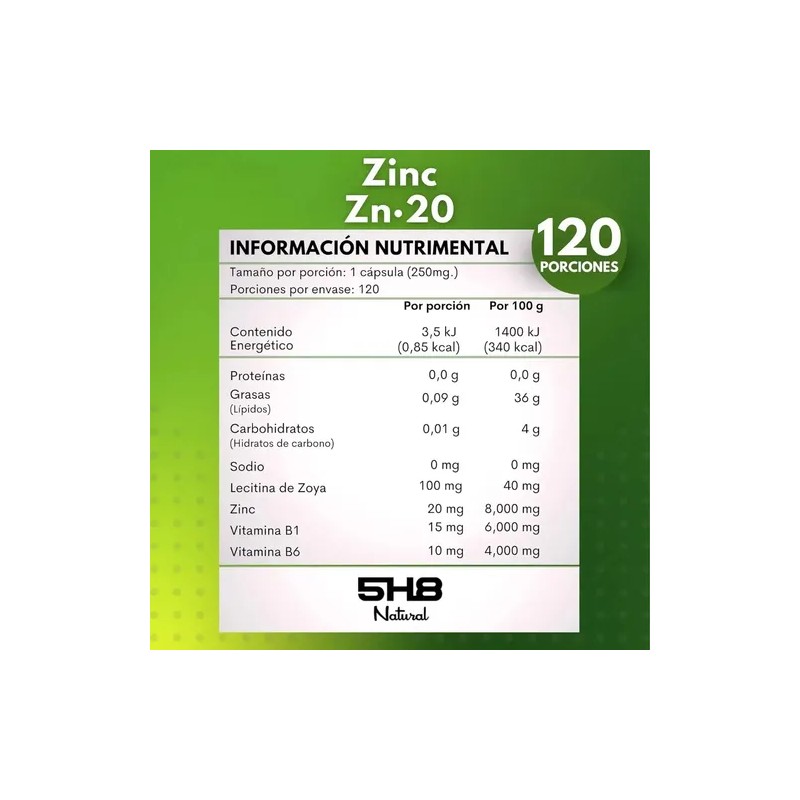 5h8 Zinc Zn2 120 Cápsulas, 20 Mgs De Zinc Complejo