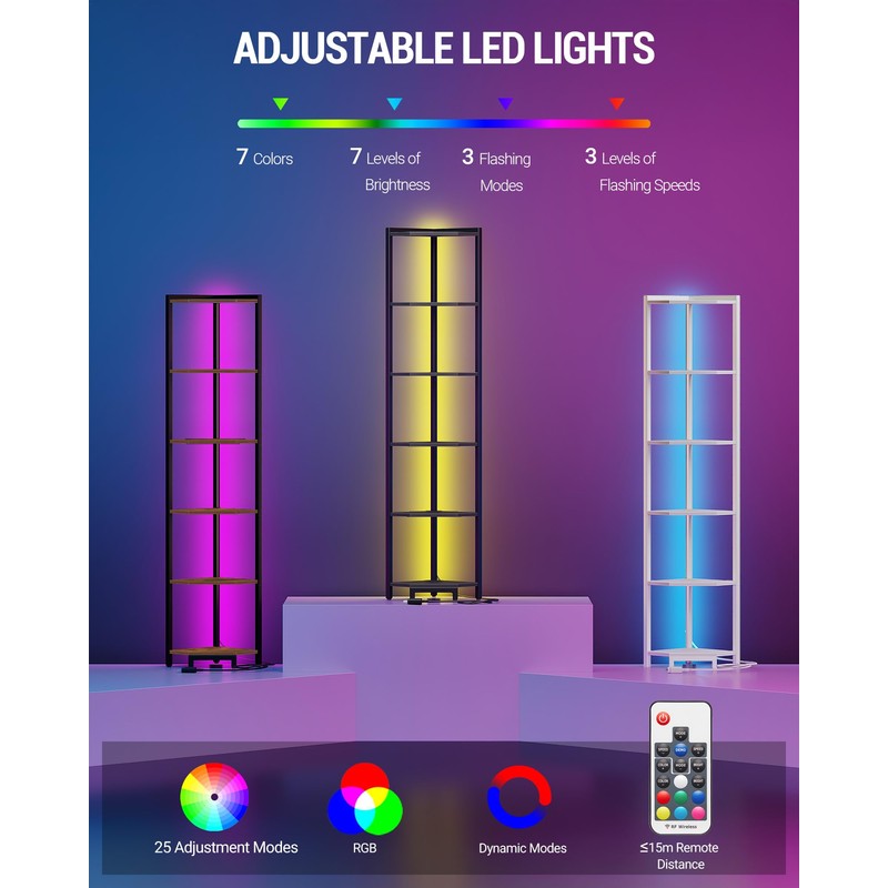 Hzuaneri Corner Shelf with LED Light, 6-Tier Corner Bookshelf, Tall
