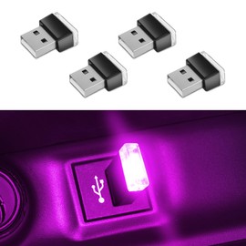 Wuyaoyao 4PCS USB LED Car Interior Atmosphere Lamp, Plug-in USB Interface Decor Lighting Kit, Portable Mini LED Ambient Night Light, Universal Car Accessories Ambient Light (Purple)