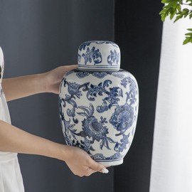 A&B Home 13" Blue & White Porcelain Vase Ceramic Flower Pattern Ginger Jar with Lid Home Decor