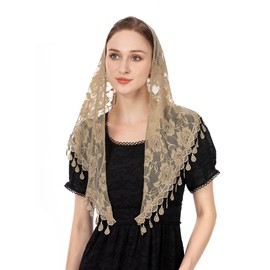 Wgior Triangle Veils for Church Lace Chapel Veils Catholic Mass Head Covering Scarf Mantilla Veils for Women (Beige)