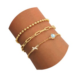 Marsquesa Birthstone Initial Gold Bracelets Set for Women, 14K Gold Jewelry Sets for Trendy Waterproof Thin Dainty Stackable Bead Link Paperclip Chain Bracelet Pack Fashion Accessories (X, March)
