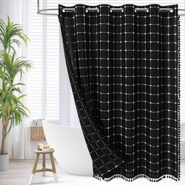 MitoVilla No Hooks Needed Boho Farmhouse Shower Curtain with Snap-in Liner, Cotton Linen Fabric Shower Curtains with Tassels for Rustic Neutral Bathroom Decor, Black and White, 72 x 74