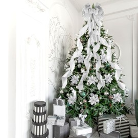 Tigeen 48 x 13 Large Christmas Tree Bow Topper with 8 Pcs 5.5" Attachable Poinsettia Flowers Glitter Snowflakes Burlap Bow Holiday Hanging Ornaments(Silver Snowflake, Silver Snowflake)