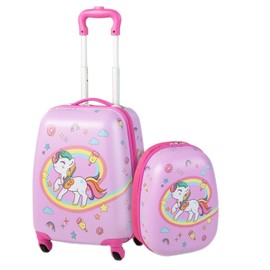GYMAX Kids Carry On Luggage Set, 12" & 16" 2PCS Rolling Suitcase (Unicorn)