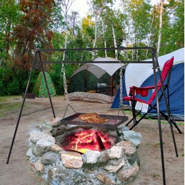 Campfire Grill Swing Stand – Heavy Duty Steel Outdoor Cooking Rack with Adjustable Hanging Grate and Multiple Hooks for BBQ, Dutch Oven & Campfire Cooking, Portable Grill for Camping