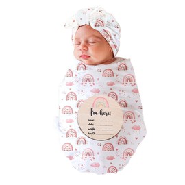 Ylsteed Baby Swaddle Blanket and Headband Set, Newborn Receiving Blanket Swaddle Wrap for Girls and Boys, Swaddling Blankets Neutral for Newborn，Soft and Skin-Friendly 32 * 32 inches (Rainbow)