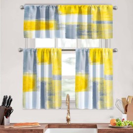 MCALK MCALK Grey and Yellow Kitchen Curtains Tiers and Valances Set 3 Piece for Windows Grey White Kitchen Window Curtains Set,Modern Abstract Art Valances for Living Room(36" Tiers Set)