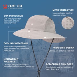 TOP-EX Breathable Sun Hats for Men Waterproof Brim Bucket UPF50+ UV Protection Boonie Beach Fishing Hiking Golf Packable Gifts Big Head Medium Large M L Light Grey