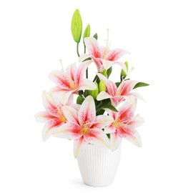 AceList 12 Heads Easter Lily Artificial Flowers in Vase, Pink Big Artificial Lily Flowers, Tiger Lily Fake Easter Flowers with Pot, Real Touch Spring Faux Flowers for Table Wedding Home Party Gifts
