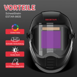 GEOSTAR Automatic Welding Helmet Panoramic 180° View 8.8 x 9.8 cm True Color Auto Darkening Welding Helmet 4 Arc Sensor 4/5-8/9-13 for Tig MIG ARC