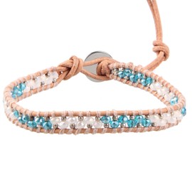 KELITCH White Blue Crystal Bead Wedding Bridal Charm Bracelet on Beige Leather