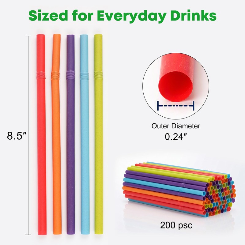 200PCS Biodegradable Sugarcane Straws-8.5" Bendy Disposable Drinking Straws