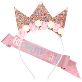 SuPoo Birthday Girl Crown and Sash Flower Birthday Headband Princess Crown Glitter Hair Band Cute Birthday Sash Tiara for Girls Happy Birthday Decorations for Girl Birthday Accessories