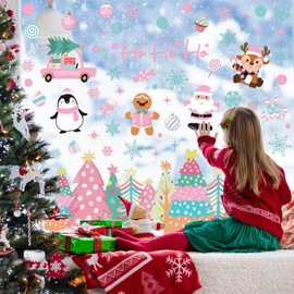 Whaline 6 Sheet Pink Christmas Window Clings Pink-Green Xmas Tree Snowflake Santa Reindeer Reusable Window Decals for Winter Holiday Home Glass Party Decor
