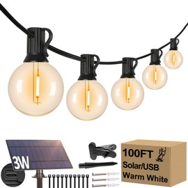 100FT G40 Solar String Lights, Globe Outdoor String Lights with 36 E12 Waterproof LED Bulbs, 2700K Shatterproof Patio Lights, Solar Powered Hanging Lights