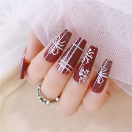 24 Pcs Snowflake Press on Nails Medium Christmas Fake Nails Full Cover Red Glossy Acrylic Nails with Sliver Glitter Design Glue on Nails Pearl Rhinestones Stick on Nails Coffin False Nails for Women