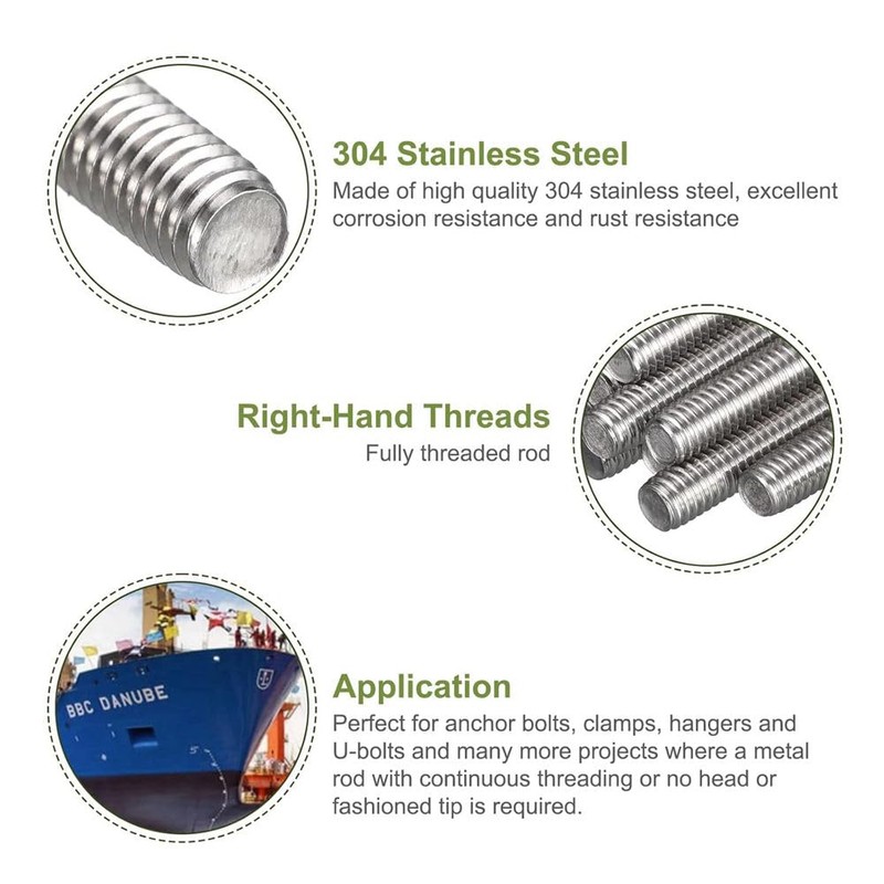 FarDeer Fully Threaded Rod,M6/M8/M10 304 Stainless Steel Long Threaded Screw,Right