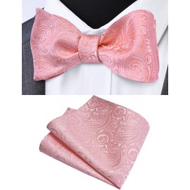 GUSLESON Rose Gold Self Tied Bow Tie Mens Silk Paisley Bow tie Pocket Square Set for Wedding (0652-14)