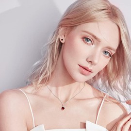 immobird Women's Jewellery Sets, Necklace and Earrings Set, 925 Sterling Silver Women's Necklaces with Zirconia, Women's Silver Earrings, Women's Silver/Rose Gold Jewellery (Garnet)