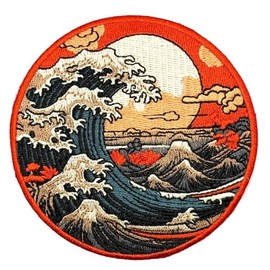 3.5" Great Wave Iron On Patch - Embroidered Japanese Cool Anime Cartoon Ocean Waves Surfing Landscape Applique Appliques Iron On Sew On Patches for Holes, Clothing, Jeans, Hat, Backpacks, Clothes