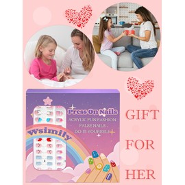 72 Pcs Press on Nails for Kids, Wsimily Children Short Round False Nails, 3 Pack Fake Nails Set, Colorful DIY Nail Art Decorations for Girls, with Jelly Nail Glue and Jelly Nail Adhesives