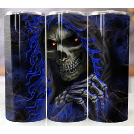 Handmade Blue Black Grim Reaper Tumbler 20oz Stainless Steel Skeleton Horror Cup