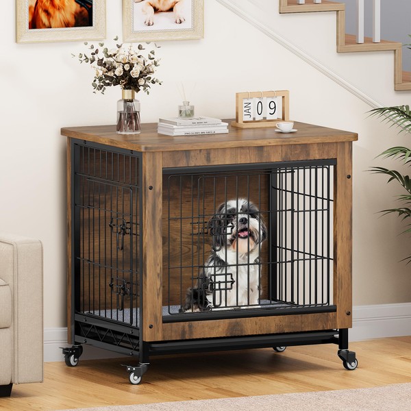 DWVO Dog Crate Furniture with Wheels, 27" Dog Kennel Indoor