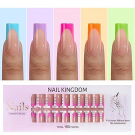 150Pcs French Tip Press on Nails Long Square Fake Nails Natural False Nails Glossy Acrylic Nails Reusable Full Cover Artificial Nails French Tip Nails Press ons for Women Stick On Nails in 15 Sizes