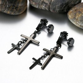 JewelryWe 2pcs Unisex Mens Stainless Steel Double Cross Pendants Dangling Vintage Gothic Skull Claw Stud Earrings,Black (with Gift Bag)