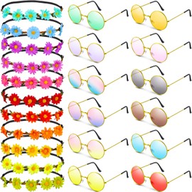 24 Pieces Hippie Glasses Headband Costume Set Includes 12 Multicolor Daisy Flower Crown Sunflower Hippie Headband 12 Tinted Round Hippie Sunglasses Colorful Glasses for Party Supplies (Novelty)