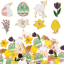Hoteam 24 Pcs Easter Enamel Lapel Pin Set Bulk Spring Easter Egg Bunny Lily Flower Tulip Flower Lapel Pins Chick Brooch Button for Clothing Backpack Spring Holiday Gift Party Supplies