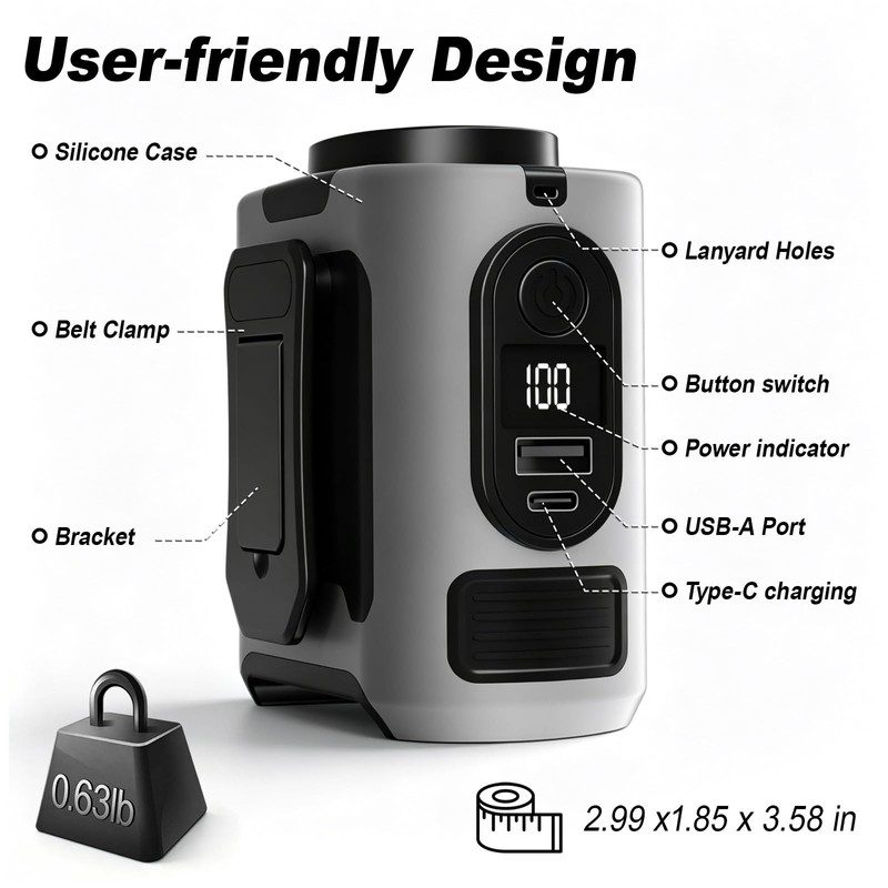 10000mAh Portable Waist Fan Clip on, Personal Belt Fan with