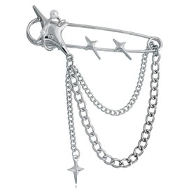 Punk Gold Silver Star Moon Tassel Chain Brooch,Vintage Crystal Moon Star Collar Pins Cubic Zirconia Sweater Shawl Clips Collar Brooch for Women (Silver1)