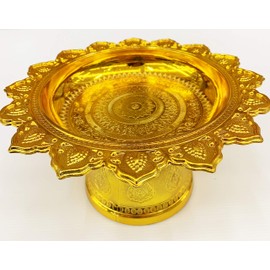 HappyShopShop Thai Traditional Tray with Pedestal Gold Aluminum Buddhism Worship Platter Auspicious Pay Respect God Ancient Ceremony Phan Diameter 8" Height 5" inches